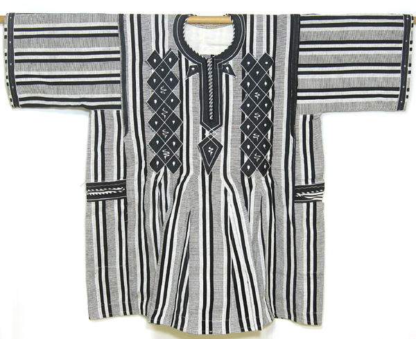 手織り縞布上着（刺繍入り・帽子付き)・ブルキナファソ<アフリカの衣服・伝統衣装
